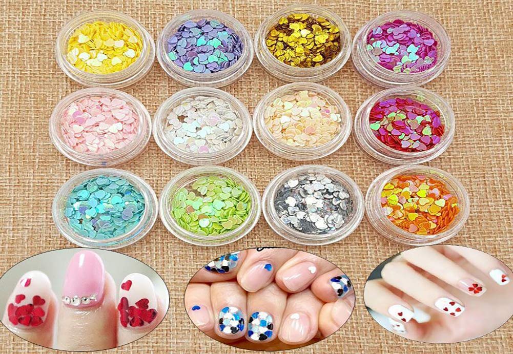 Minejin Nail Art Glitter Heart Shape Sequins Iridescent Colorful Confetti Chunky Flakes Tips Manicure 12 Colors Beauty & Personal Care Mygitter