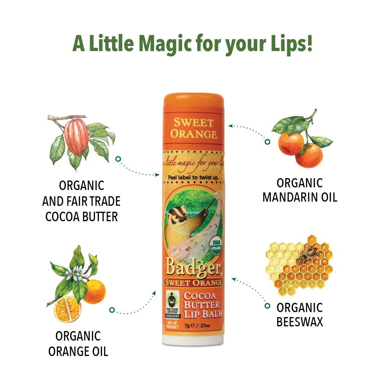 Badger Sweet Orange Cocoa Butter Lip Balm - .25oz Stick
