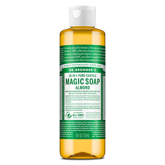 Dr. Bronner's Pure-Castile Magic Soap Liquid (Almond, 8 Ounce) - Made with Regenerative Organic Certified Oils, 18-in-1 Uses: Face, Body, Hair
