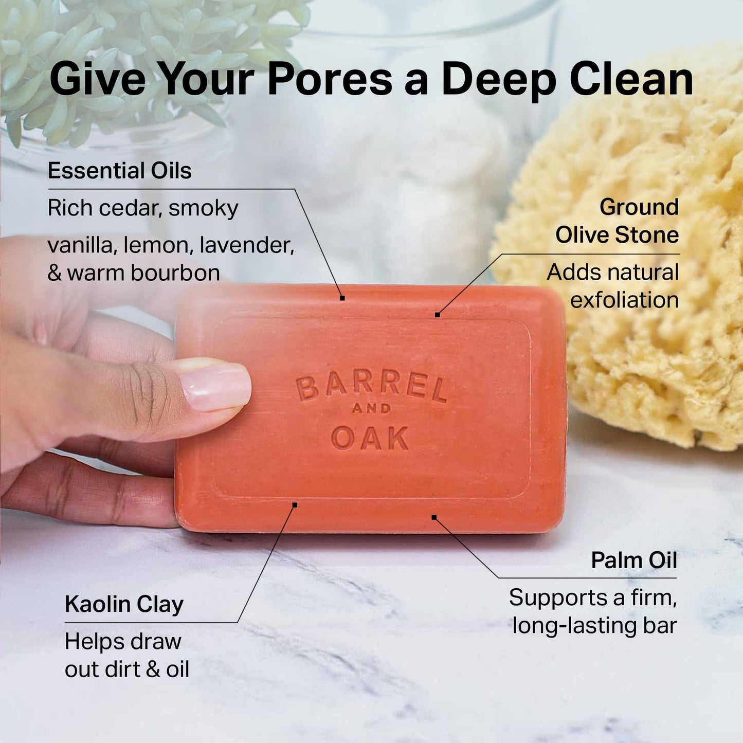 Barrel & Oak Exfoliating Bar Soap for Men, Kaolin Clay with Red Clay, Walnut Shell Powder, Olive Stone, and Essential Oils, Long-Lasting Bar Soap