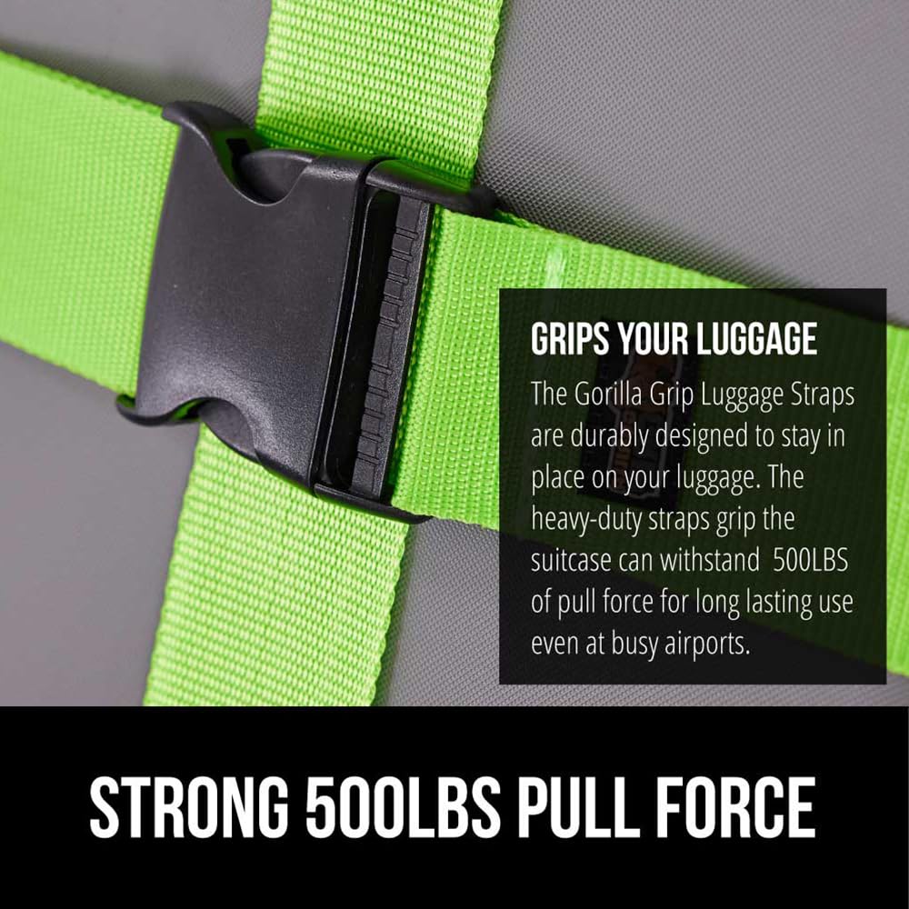 GORILLA GRIP Heavy Duty Luggage Straps – 2 Pack Adjustable Travel Belts to Secure Suitcases, Connect Bags & Extend Luggage Life (Green)