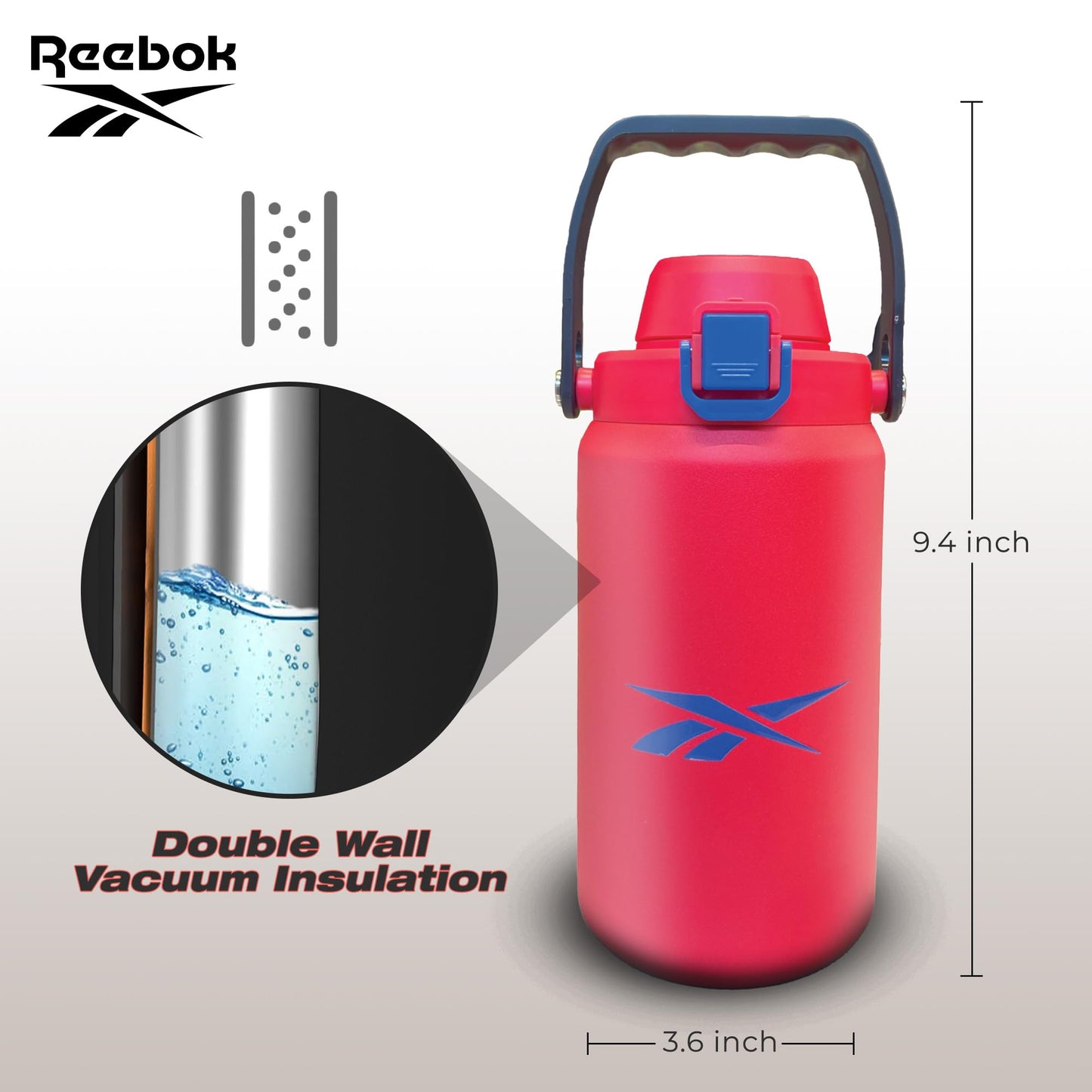 Reebok Stainless Steel Sports Wide Mouth Water Bottle | Double Wall Insulated to keep Beverages Hot & Cold, Spill Proof, BPA Free, Easy Grip Handle