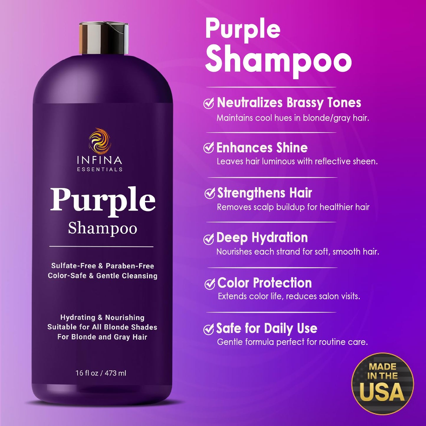 INFINA ESSENTIALS Purple Shampoo for Blondes, Gray, Brassy & Color Treated Hair, Sulfate Free, Enriched with Green Tea & Chamomile & Avocado Oil