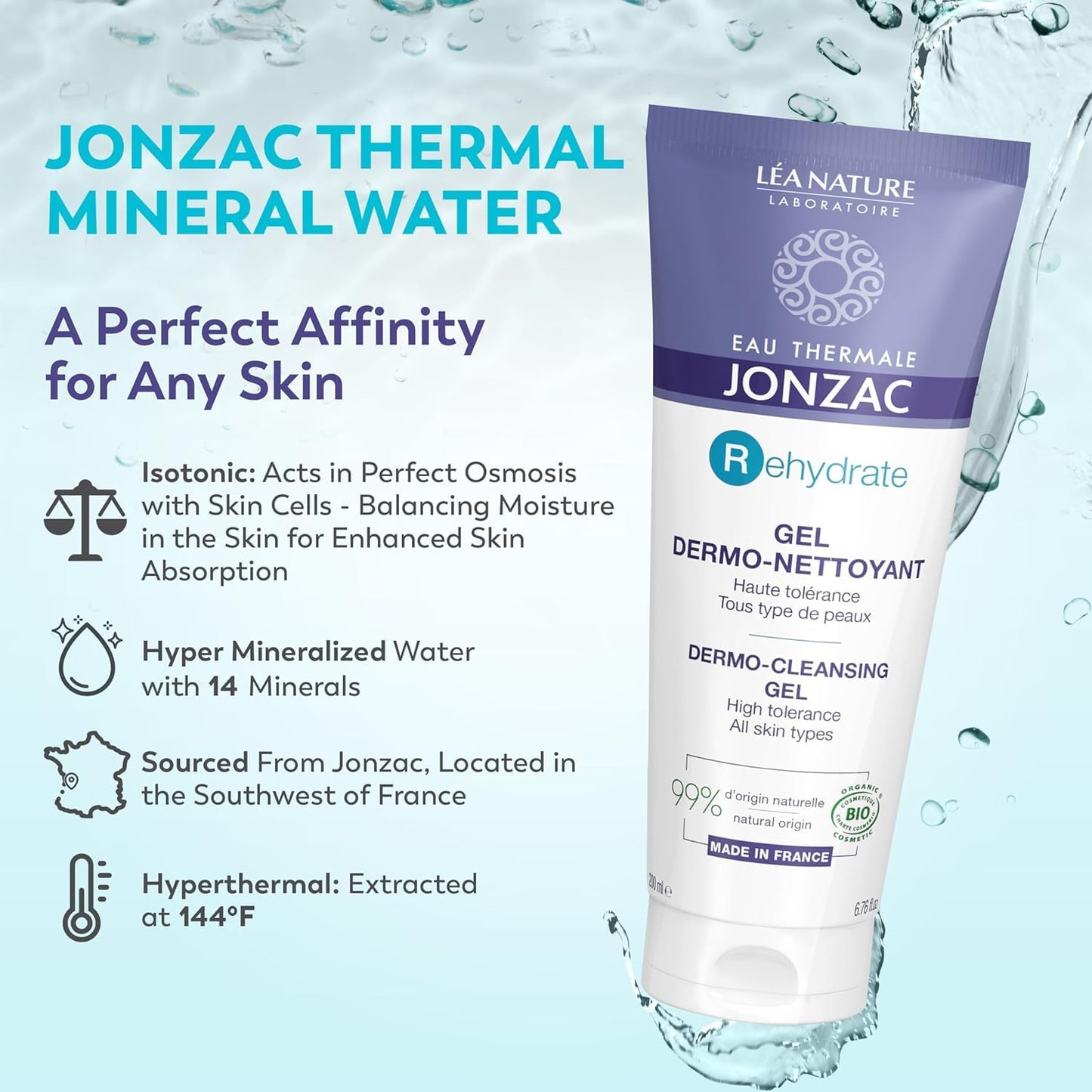 JONZAC Eau Thermale Rehydrate Organic Dermo Cleansing Gel - Gentle Daily Facial Cleanser - Sensitive Skin Approved - Leaves Skin Feeling Smooth