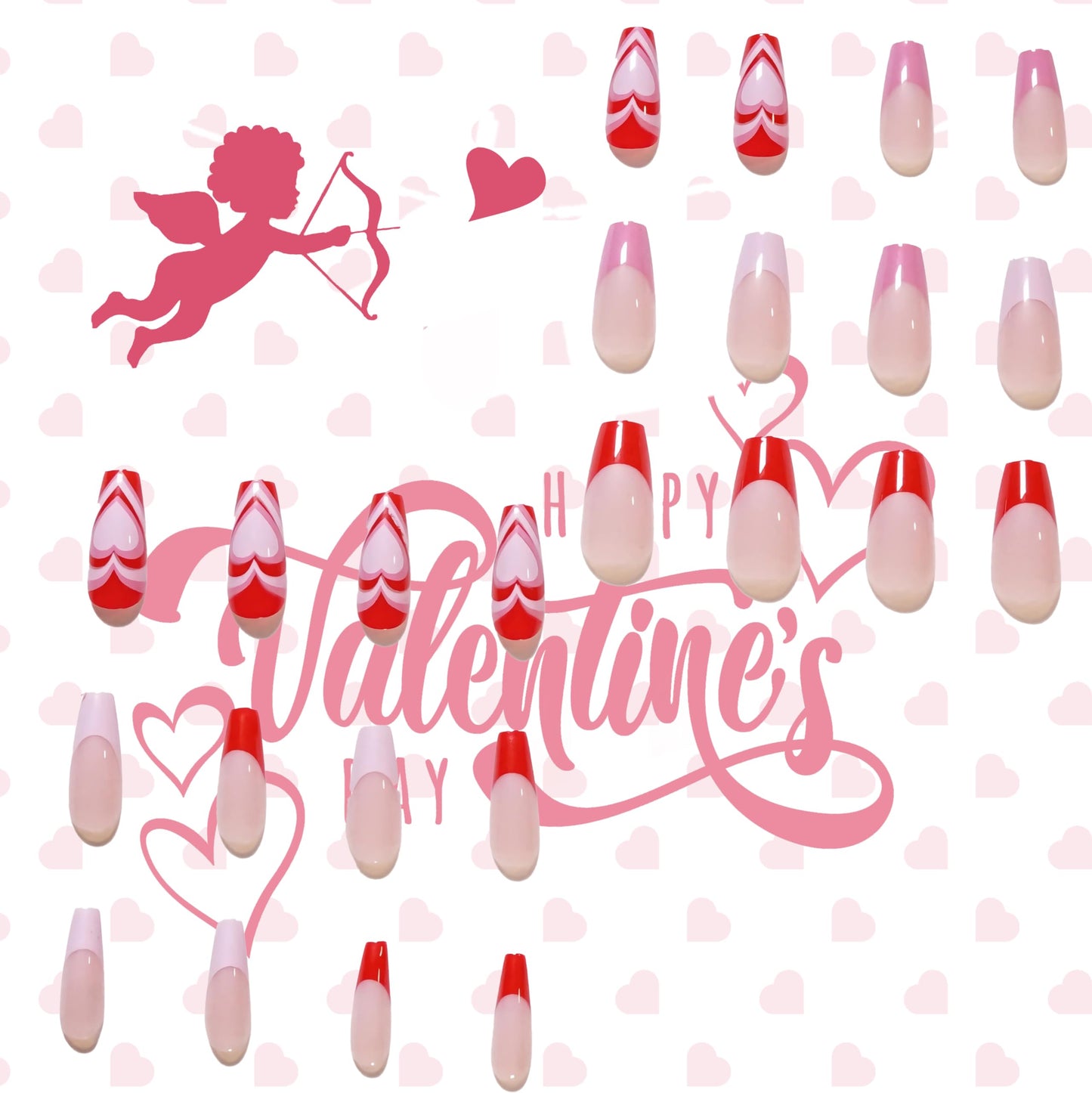 BABALAL Valentines Press on Nails - Medium Coffin Fake Nails, Pink Heart French Acrylic, 24pcs Swirl False Nails Glossy Design