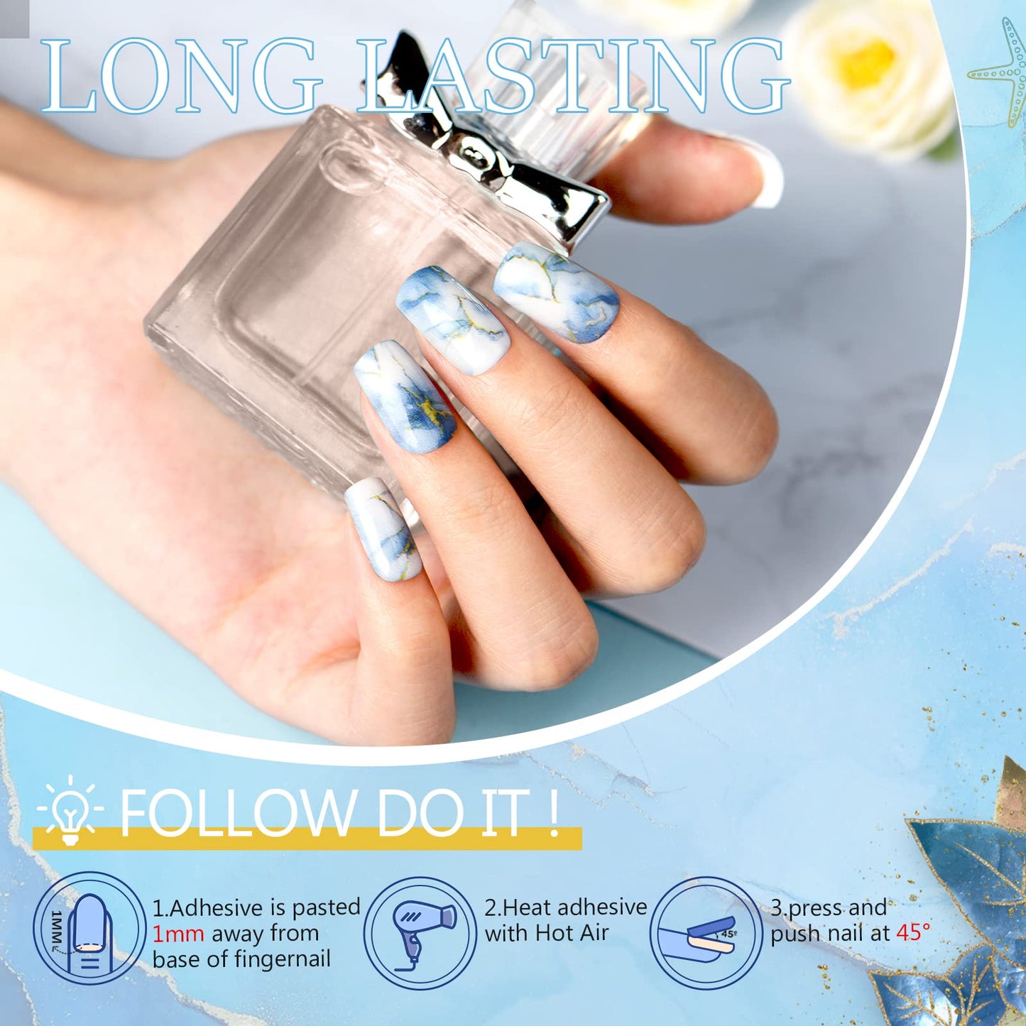 Marble Press on Nails Short Square GLAMERMAID, Blue Gold Acrylic Fake Nails with Design Luxury Stick Glue on Nails Reusable Glossy False Nail Sets