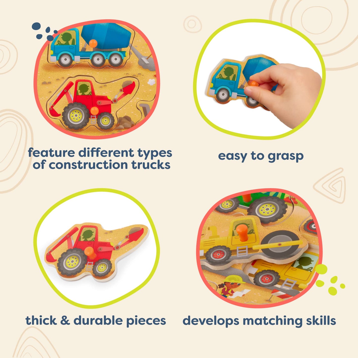 B. toys Peek & Explore Construction Trucks – Wooden Peg Puzzle for Toddlers 2+, 8 Truck Pieces Including Dump Truck, Cement Mixer & Excavator