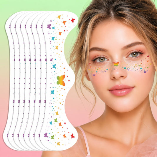 Artlunar 8Pcs LGBTQ Pride Face Freckles Tattoos, Rainbow Butterfly Temporary Tattoos with Silver Glitter Powder, Waterproof Face Sparkles for Pride