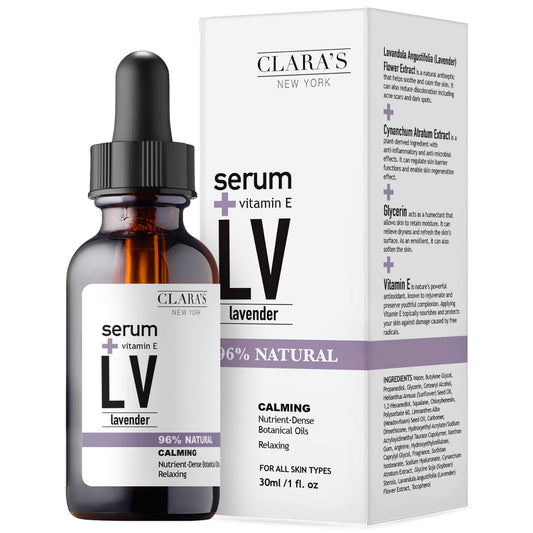 Clara’s New York Calming Lavender Facial Serum with Vitamin E - Hydrating & Soothing Face Serum for Sensitive Skin - Made in USA 30ml / 1 Fl Oz