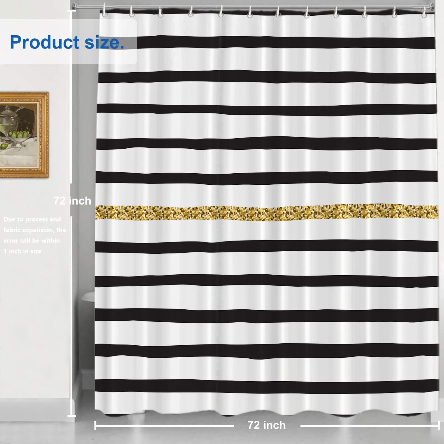 Shrahala Black White and Gold Decorative Shower Curtain, Black and White Geometric Abstract Ink Drawing Shower Curtain for Shower Stall Bathroom…