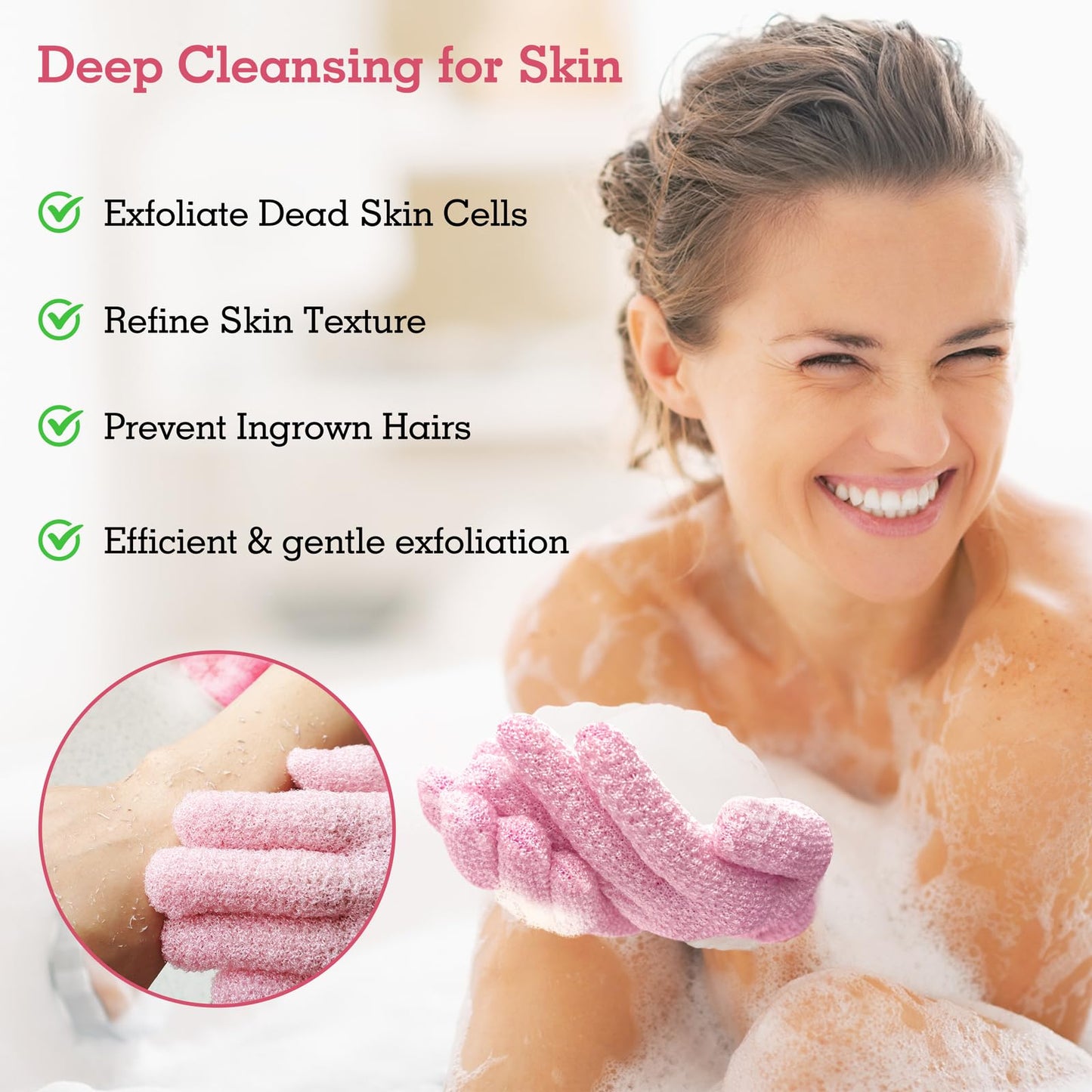Evridwear Exfoliating Glove Shower Gloves Exfoliate Dead Skin for Dry Sensitive Skin No Irritation with Hanging Loop (Pink Moderate Exfoliation)