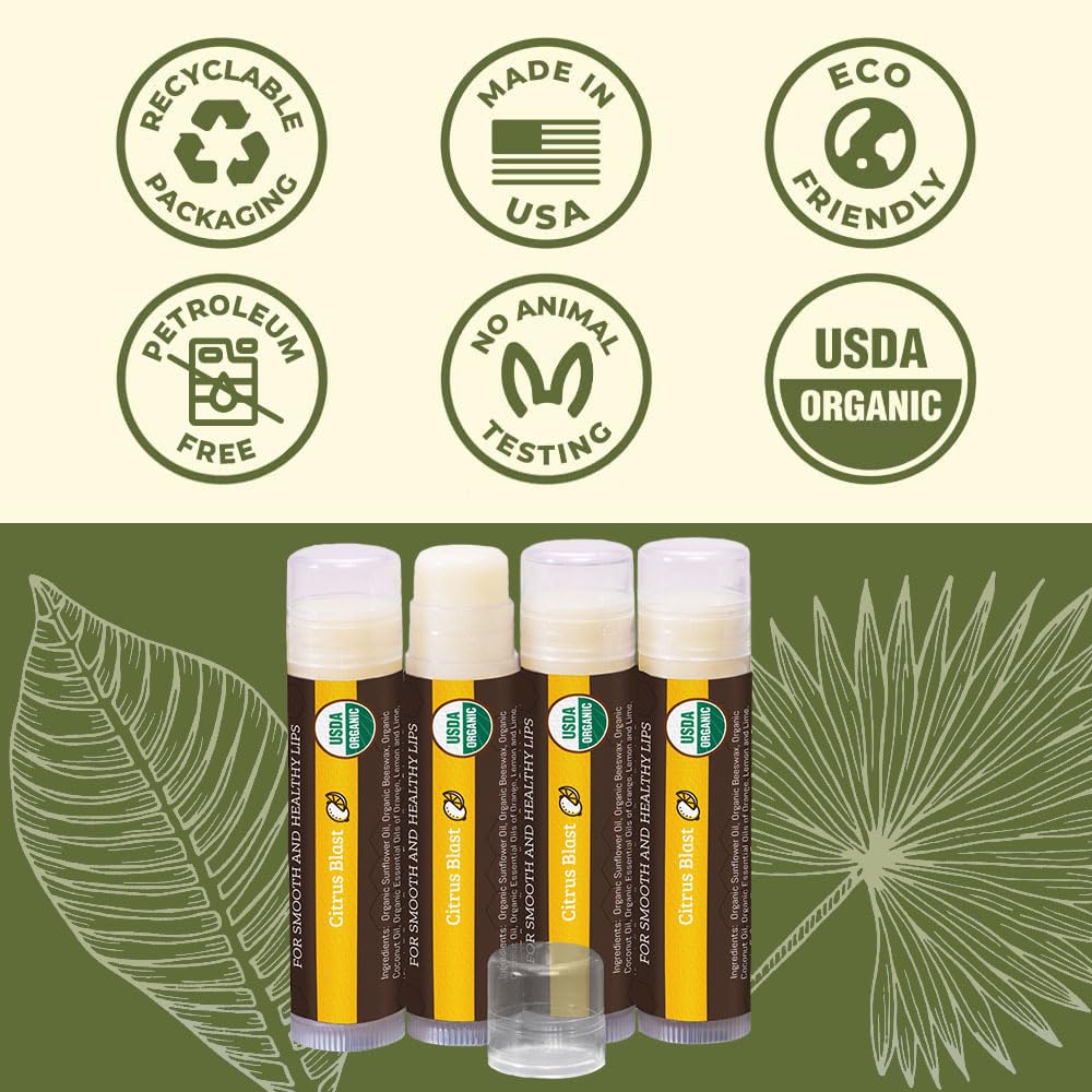 Earth's Daughter USDA Organic Lip Balm Stocking Stuffers 4-Pack Citrus Flavor - Beeswax, Coconut Oil, Vitamin E - Best Lip Repair Chapstick for Dry