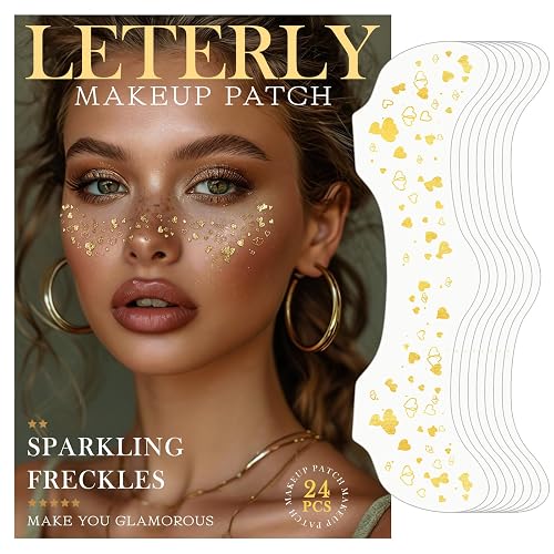 Leterly 24 Pcs Glitter Freckles Face Tattoo,Gold Face Glitter Makeup Patches Cute Sparkle Freckles Patches Waterproof Makeup Speckles for Face