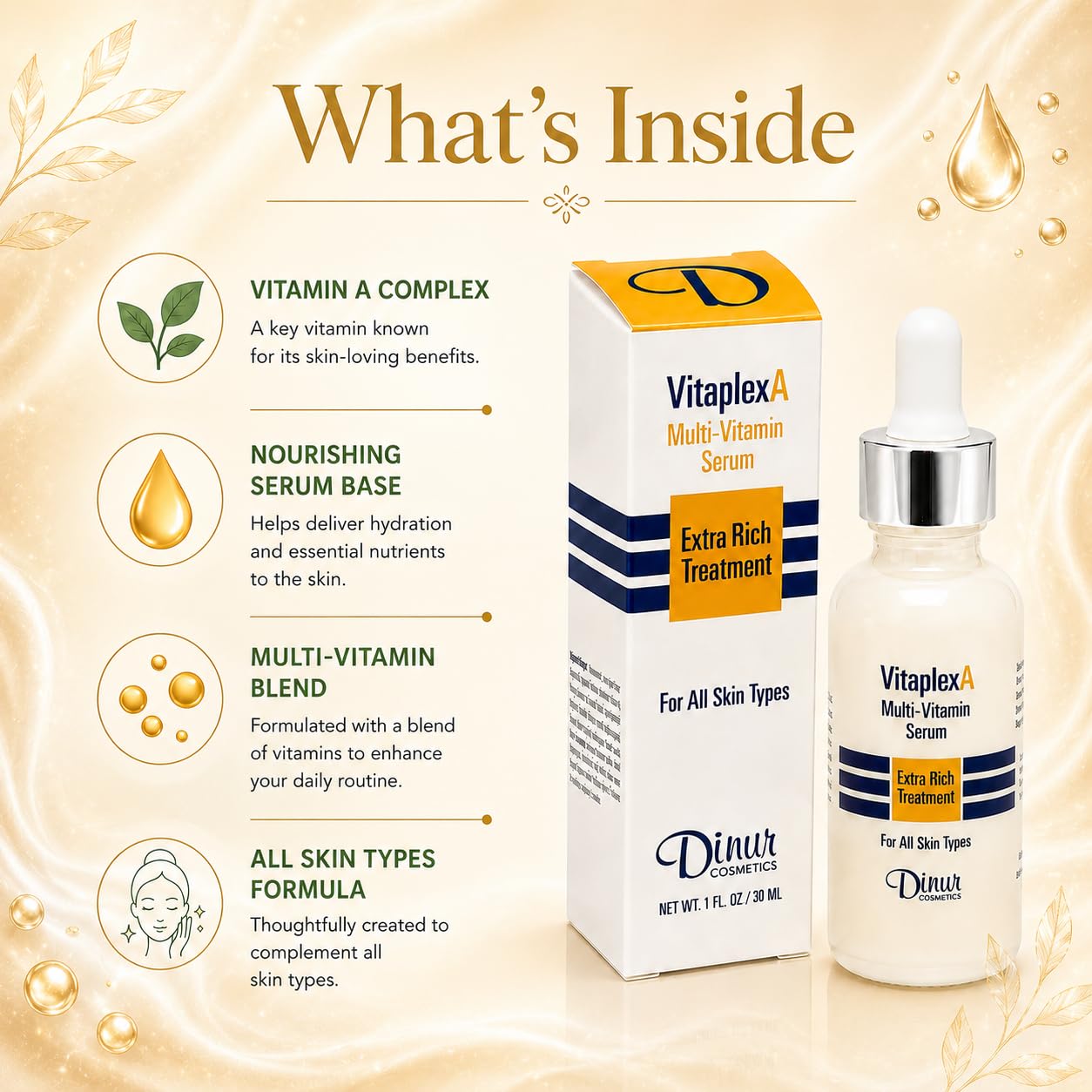 Dinur Cosmetics Vitaplex A Multi-Vitamin Serum Extra Rich Treatment for All Skin Types 1 fl. oz./ 30 ml.