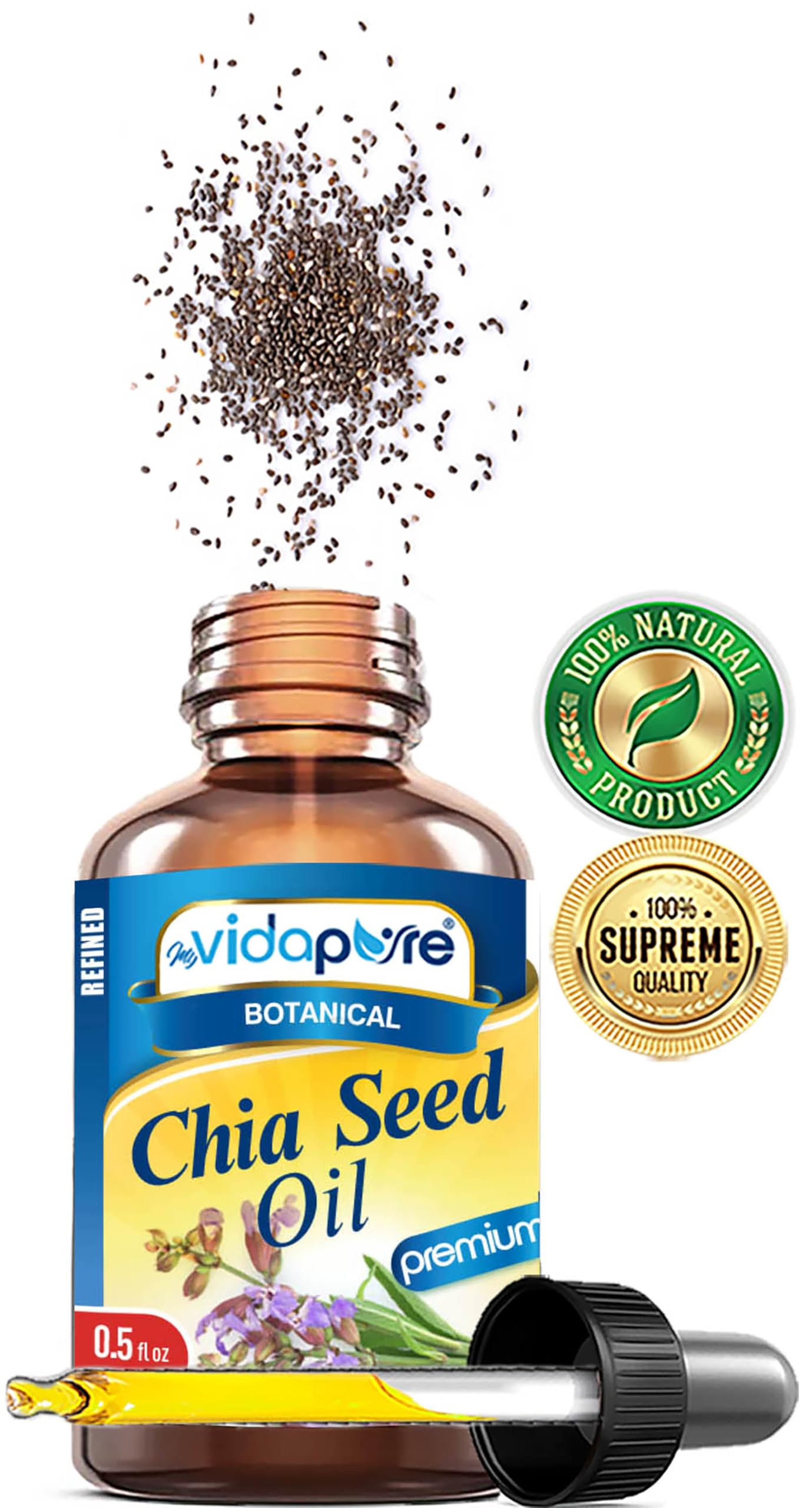 MYVIDAPURE CHIA SEED OIL Pure Natural Undiluted Refined Cold Pressed Carrier Oil for Skin, Face, Hair, Lip and Nail Care Anti-Aging (0.5 Fl Oz)