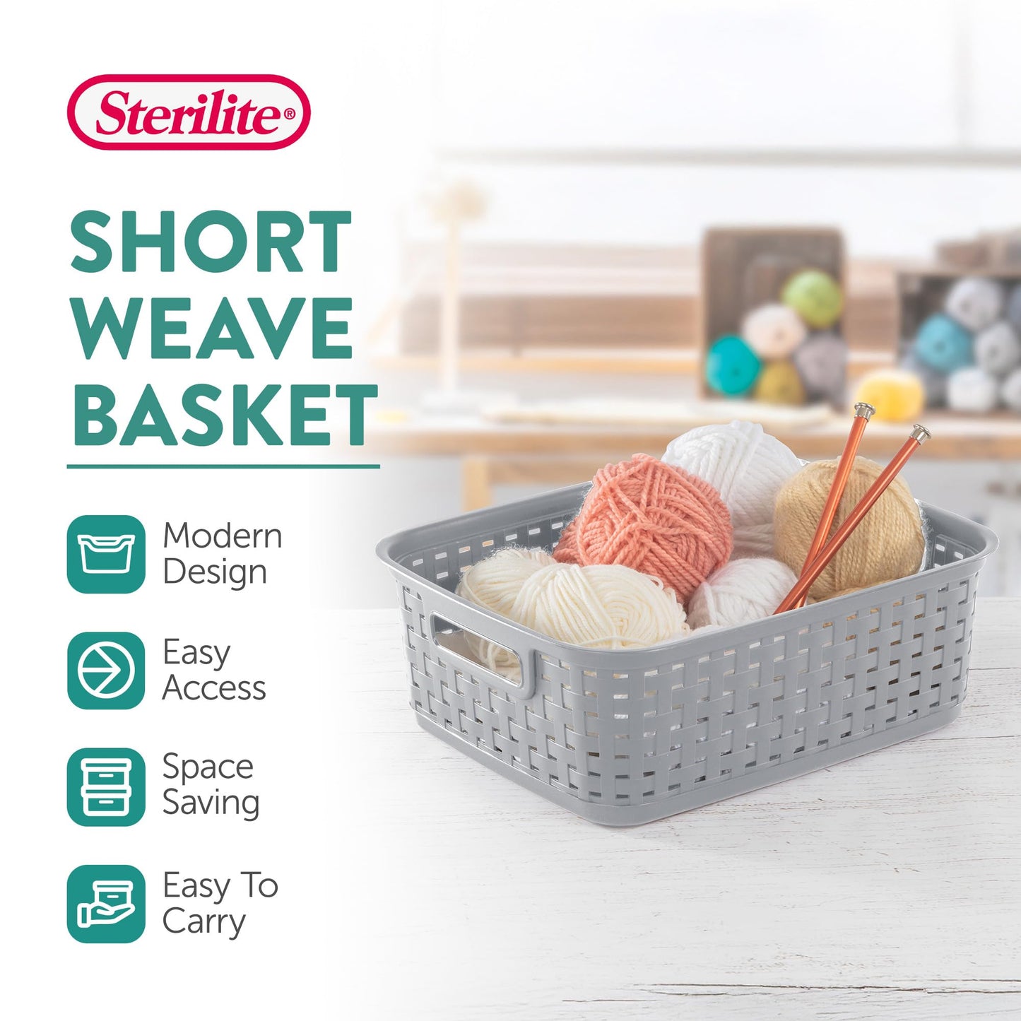 Sterilite Short Plastic Weave Storage Basket, Bin Organization for Countertops, Tabletops, and Shelves for Crafts, Jewelry, Gray, 6-Pack