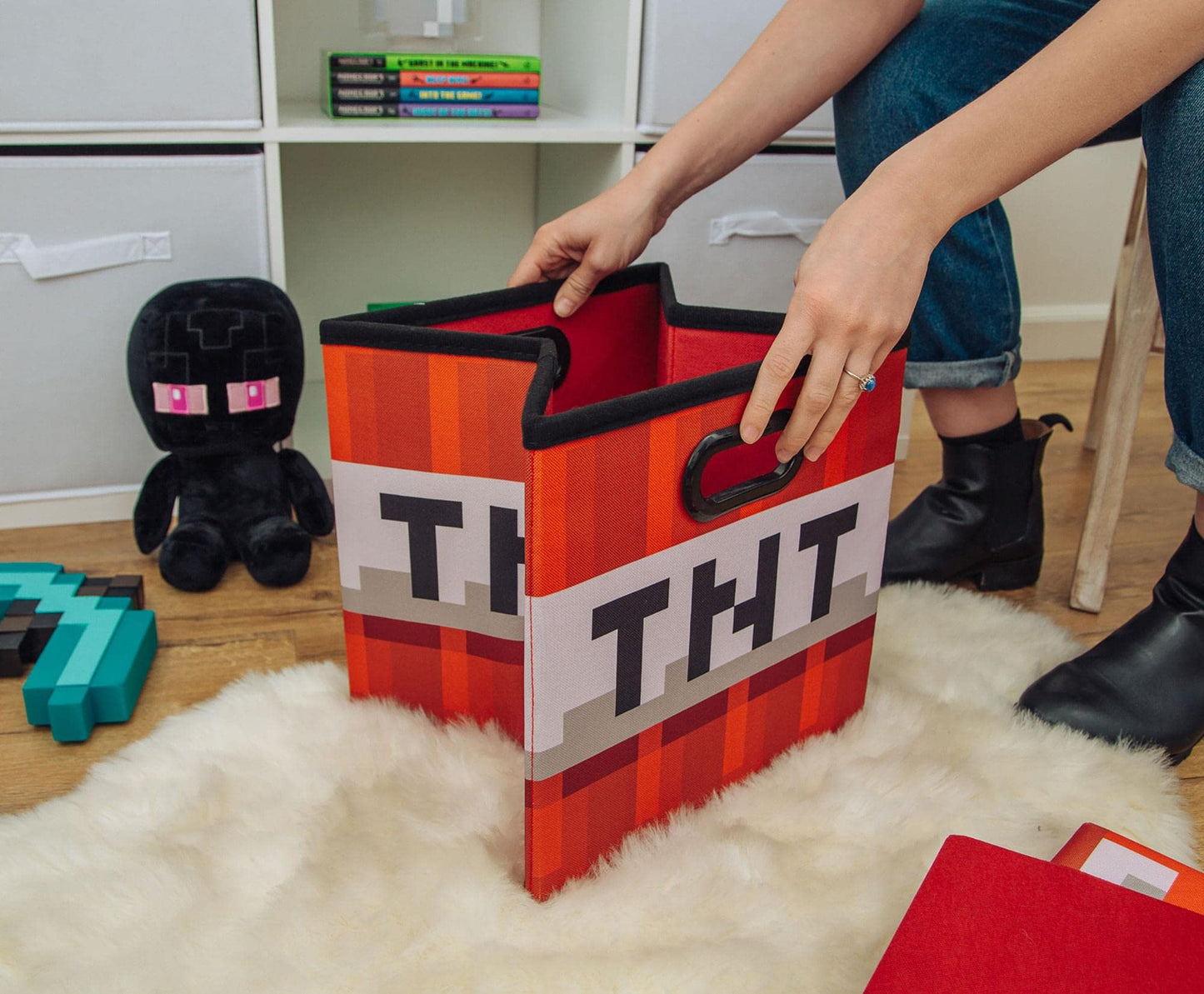 MINECRAFT TNT Block 13-Inch Storage Bin Chest With Lid | Foldable Fabric Basket Container, Cube Organizer With Handles, Cubby For Shelves, Closet…