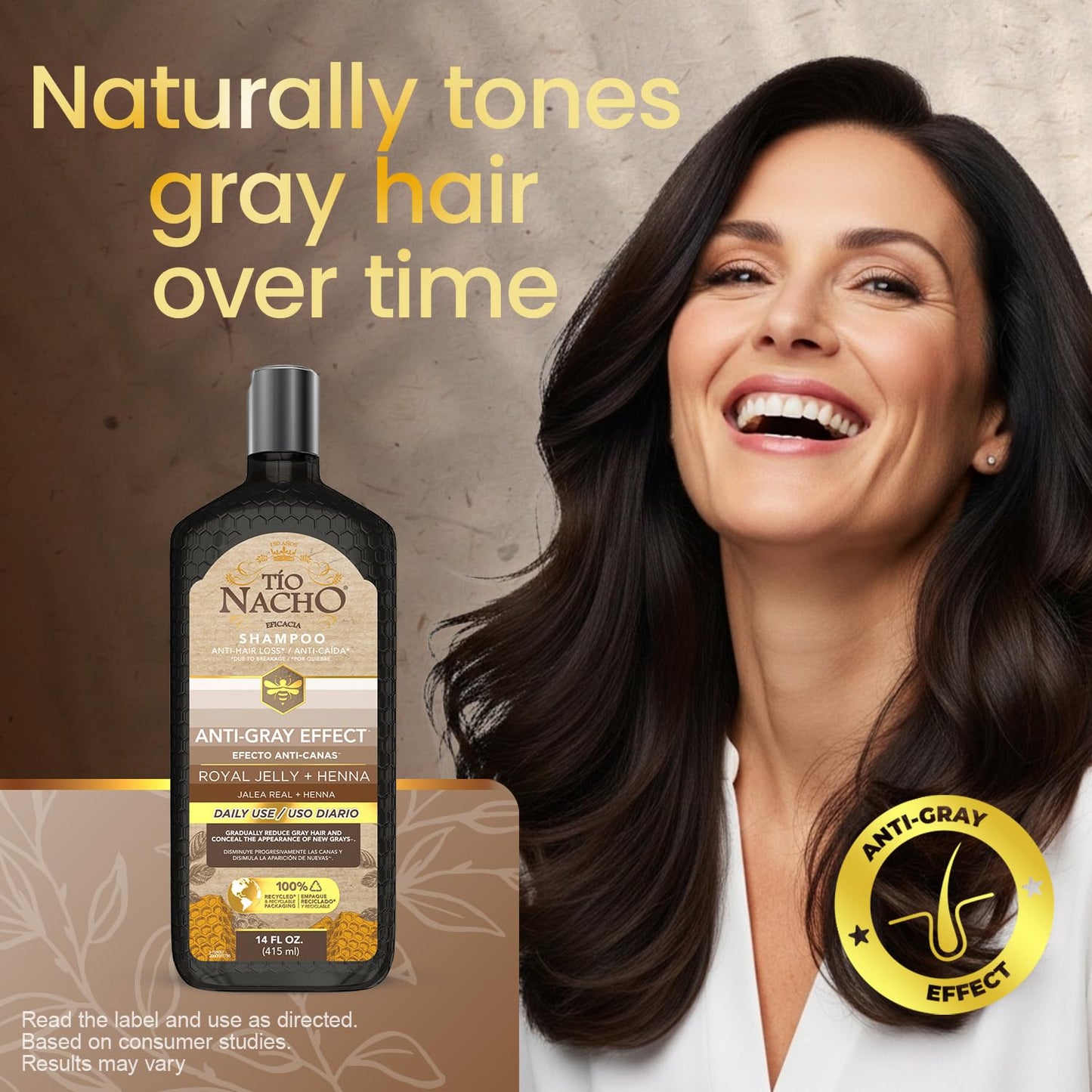 Tio Nacho Anti-Gray Effect Shampoo with Henna and Royal Jelly, Hair Toner Shampoo for Women and Men, Natural Henna Hair Color Shampoo for Gray