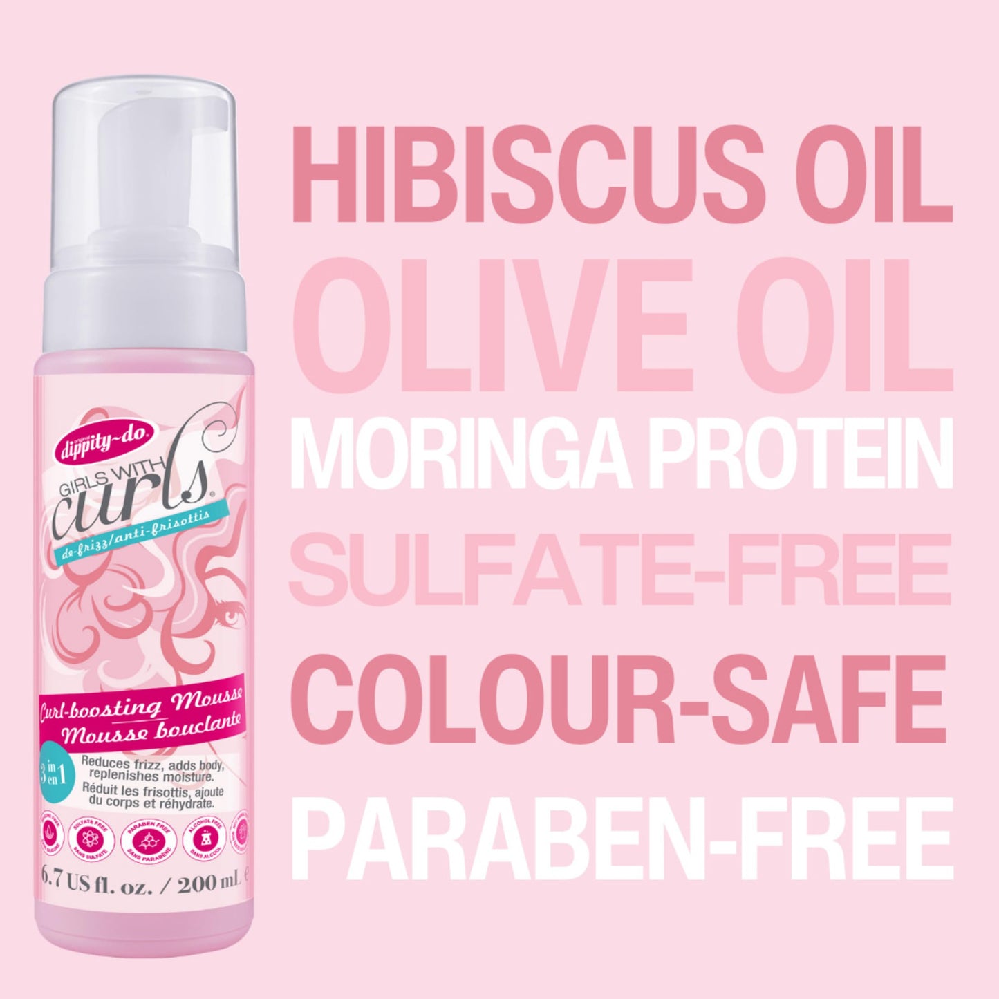 Dippity Do Girls With Curls Curl Enhancing Mousse, Light, 3-in-1 Defining Foaming Mousse for Curly Wavy Hair, Hibiscus, Olive Oil, Anti Frizz Bouncy
