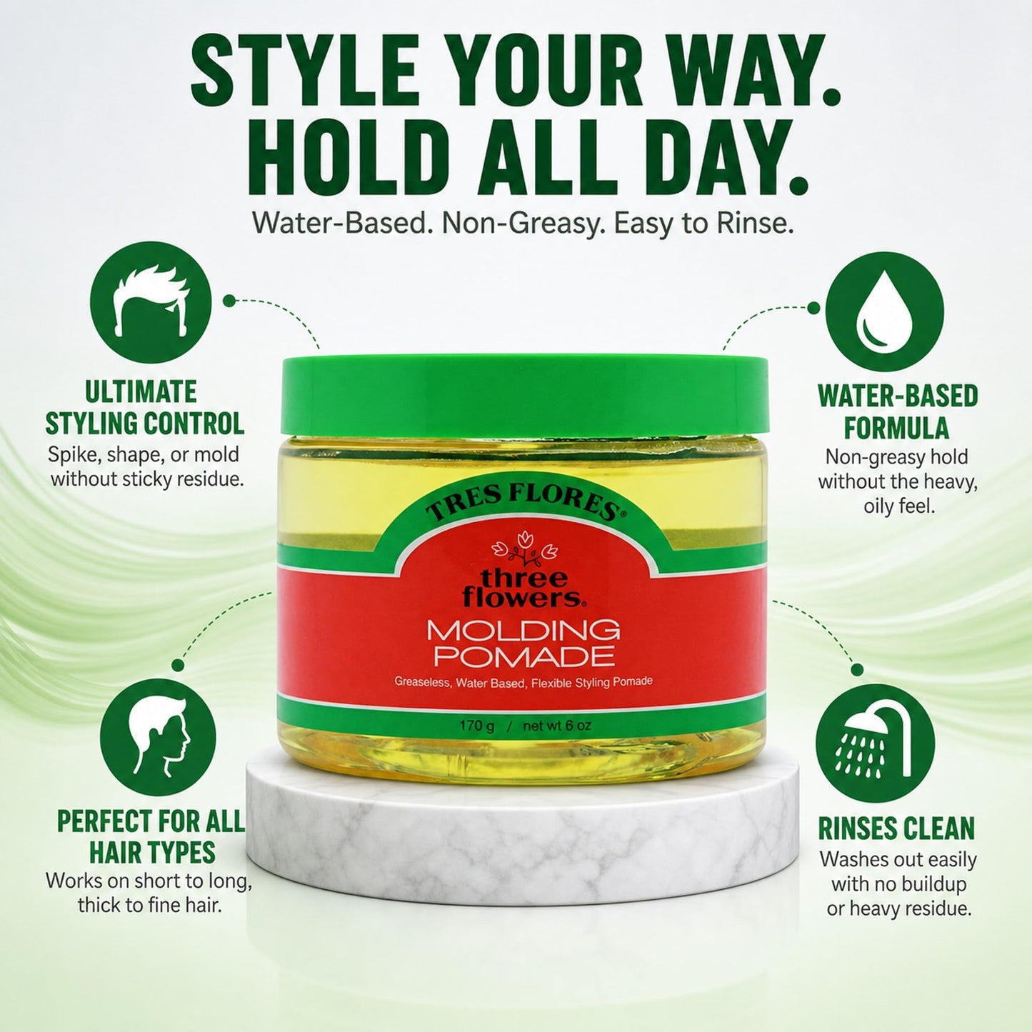 Three Flowers Molding Mens Pomade - Water-Based, Non-Greasy Hair Pomade for Men, Classic Hair Styling for Shape & Mold, 6 oz