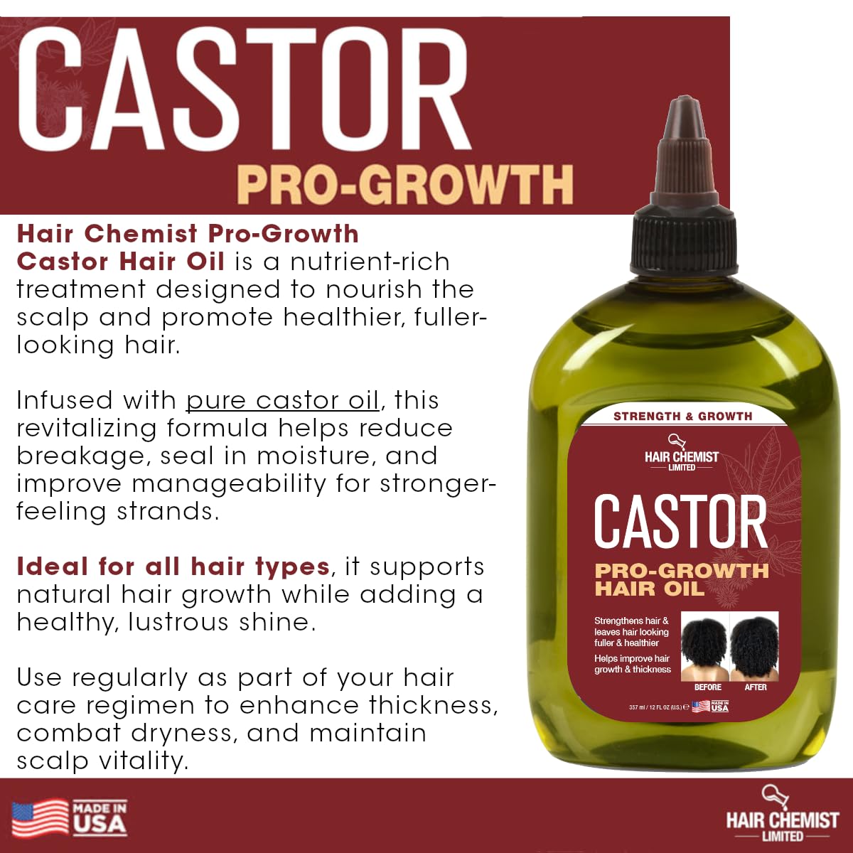 Hair Chemist Pro-Growth Natural Castor Hair Oil, Large 12 oz. - Strengthening & Growth Stimulator for Hair Growth