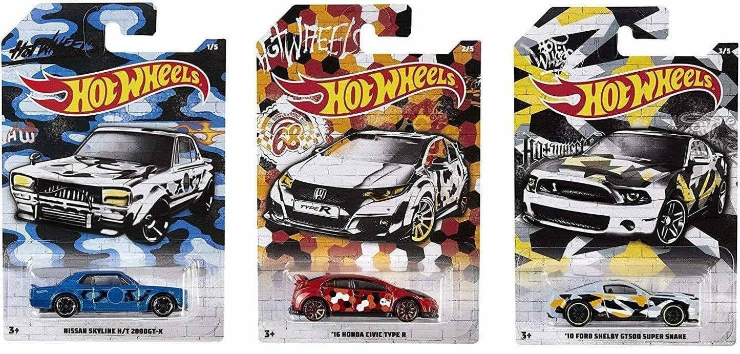 Hot Wheels Mattel 2019 Urban Camo Series Complete Bundle of 5 Die‑Cast Vehicles, Camouflage Graphics, 1:64 Scale, Ages 3+