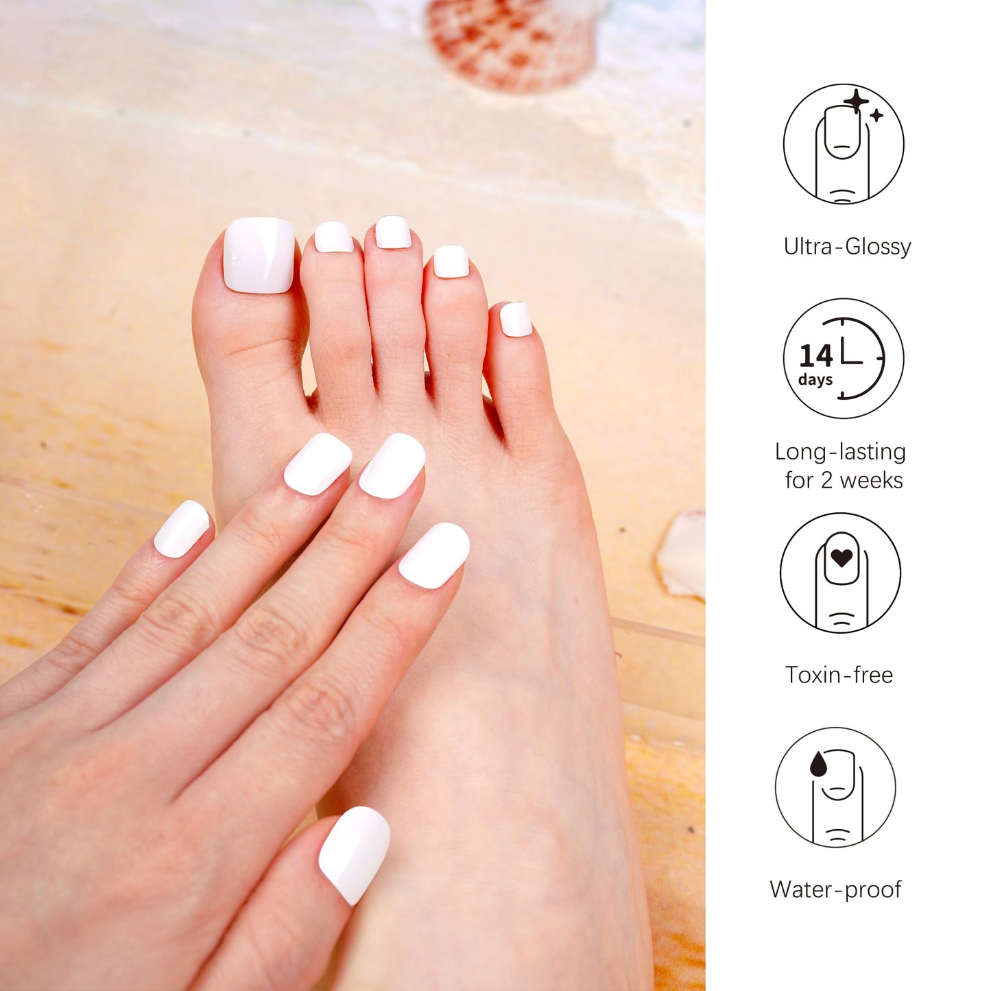 DANNI & TONI Semi Cured Gel Toenail Strips White (White Topaz) Gel Toenail Stickers Glazed Pedi Strips 37 Stickers