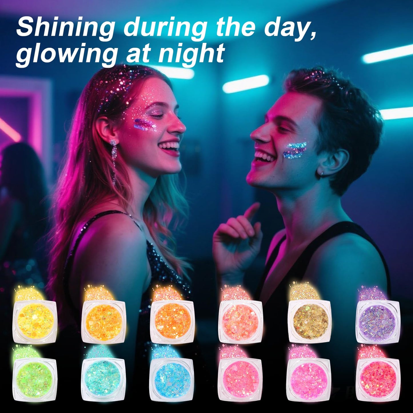 Glow in the Dark Face & Body Glitter Gel - 12 Colors Chunky Holographic Glitter for Hair, Body, Festival, Party, Rave Makeup, Washable Cosmetic