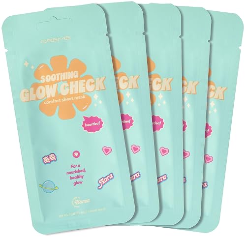 The Creme Shop Glow Check Comfort Sheet Mask 5 Pack, Facial Sheet Mask, Korean Skin Care, Hydrating, Brightening, Heartleaf Soothing Glow for Glass