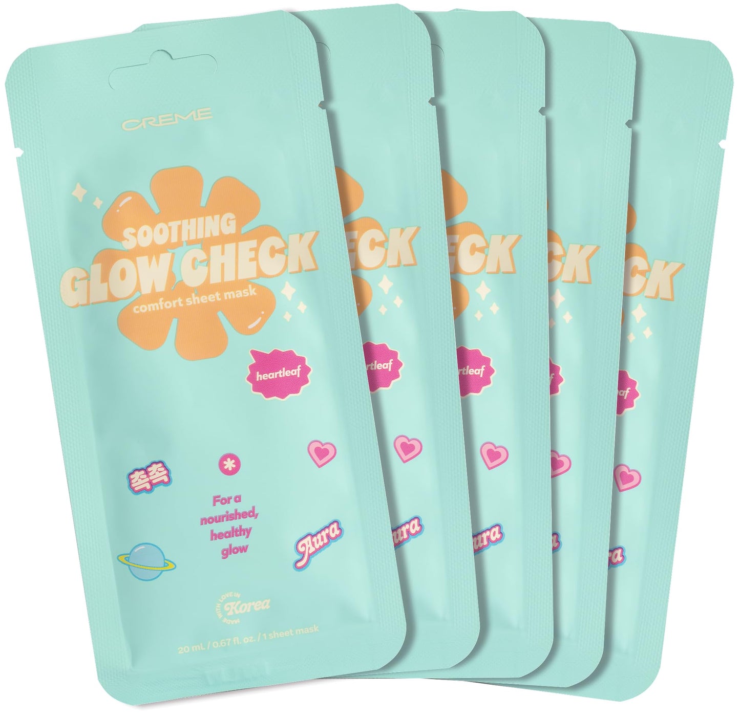 The Creme Shop Glow Check Comfort Sheet Mask 5 Pack, Facial Sheet Mask, Korean Skin Care, Hydrating, Brightening, Heartleaf Soothing Glow for Glass
