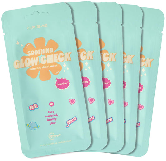 The Creme Shop Glow Check Comfort Sheet Mask 5 Pack, Facial Sheet Mask, Korean Skin Care, Hydrating, Brightening, Heartleaf Soothing Glow for Glass