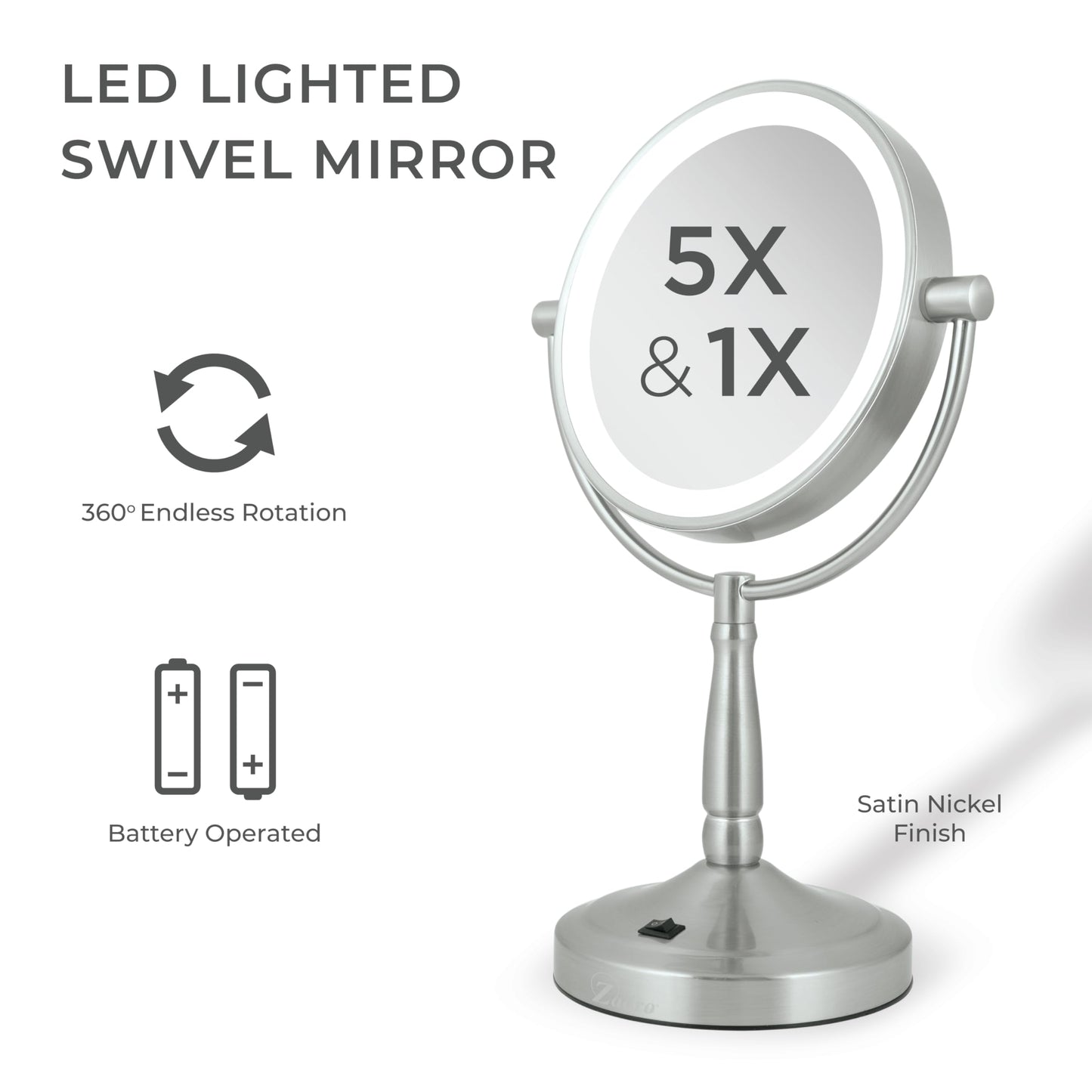 Zadro 9" Round LED Makeup Mirror with Lights and Magnification 5&10X/1X AA Battery Operated Swivel Lighted Makeup Mirror