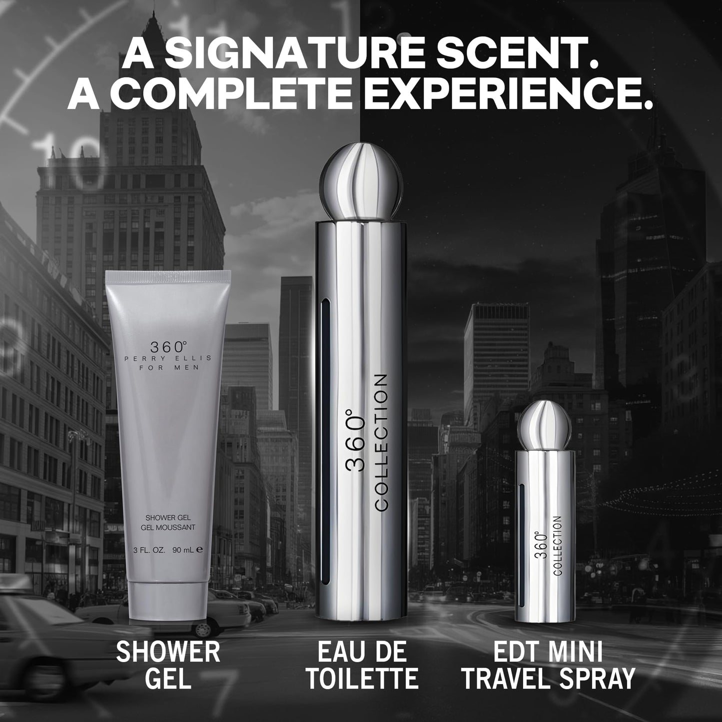 Perry Ellis 360° Collection for Men Gift Set - 3.4 fl oz Eau de Toilette, 3 oz Shower Gel, .25 fl oz EDT mini travel spray