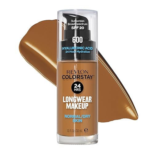 Revlon Liquid Foundation, ColorStay Face Makeup for Normal & Dry Skin, SPF 20, Longwear Medium-Full Coverage with Natural Finish, 600 Cinnamon, 1 Fl