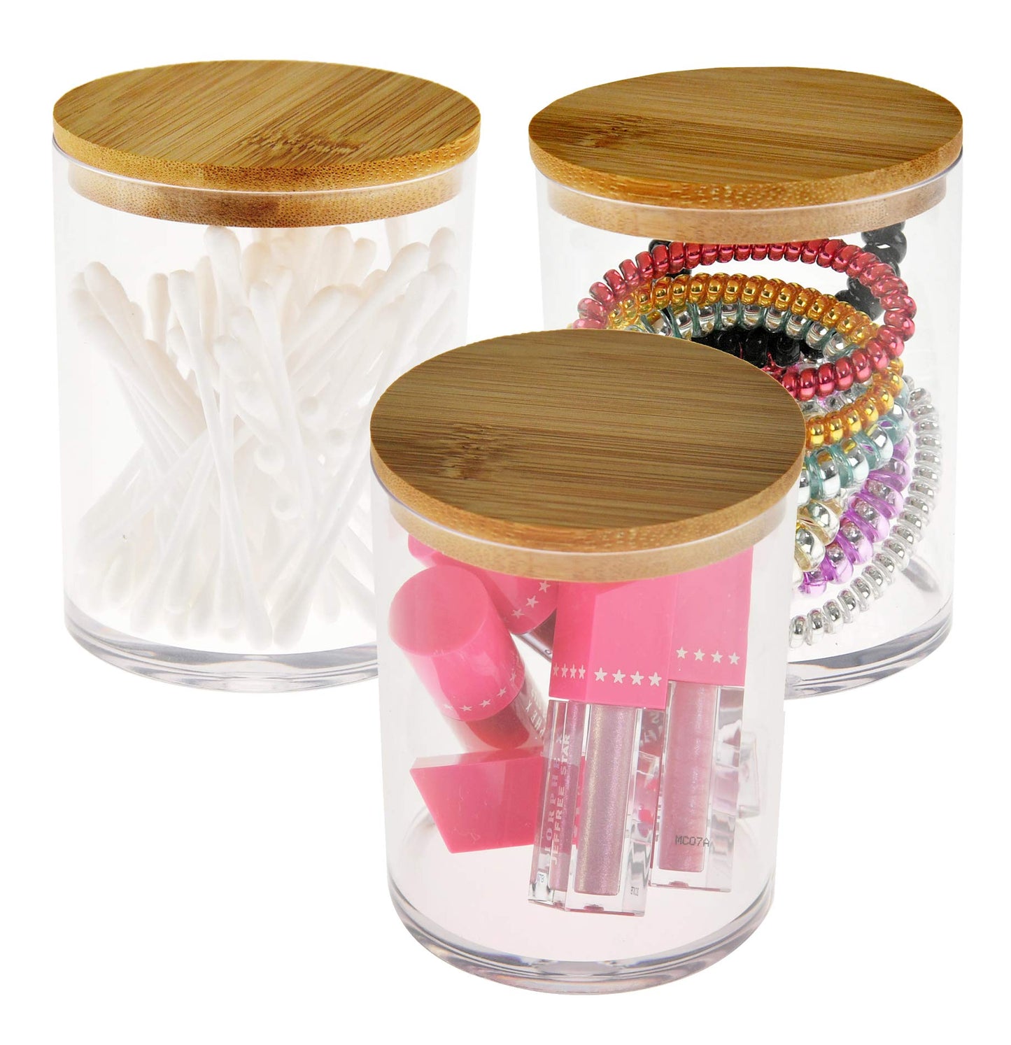 ARAD 3 Pcs Cotton Ball, Swab, Q-tip Storage, Clear Acrylic Jar Container with Bamboo Lid, Easy Organization on Bathroom Counters, Under Sink Placement