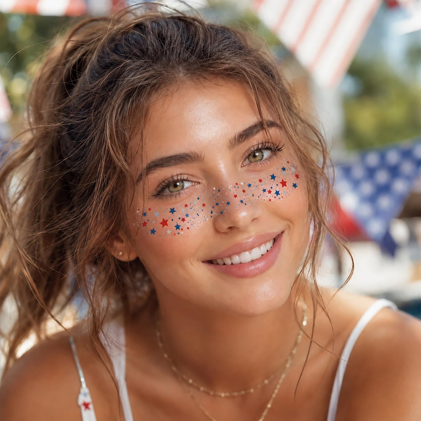 Artlunar 8 Pcs Red White Blue Star Freckle Stickers with Silver Glitter Powder for Face, 4th of July Glitter Face Stickers for Women Kids, Patriotic