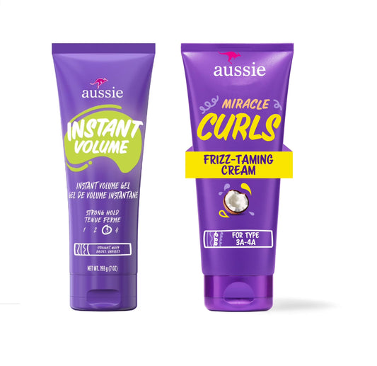Aussie Hair Styling Variety Pack - Instant Volume Gel & Miracle Curls Cream, with Wavy & Curly Hair, Sulfate-Free, (2 Pack)