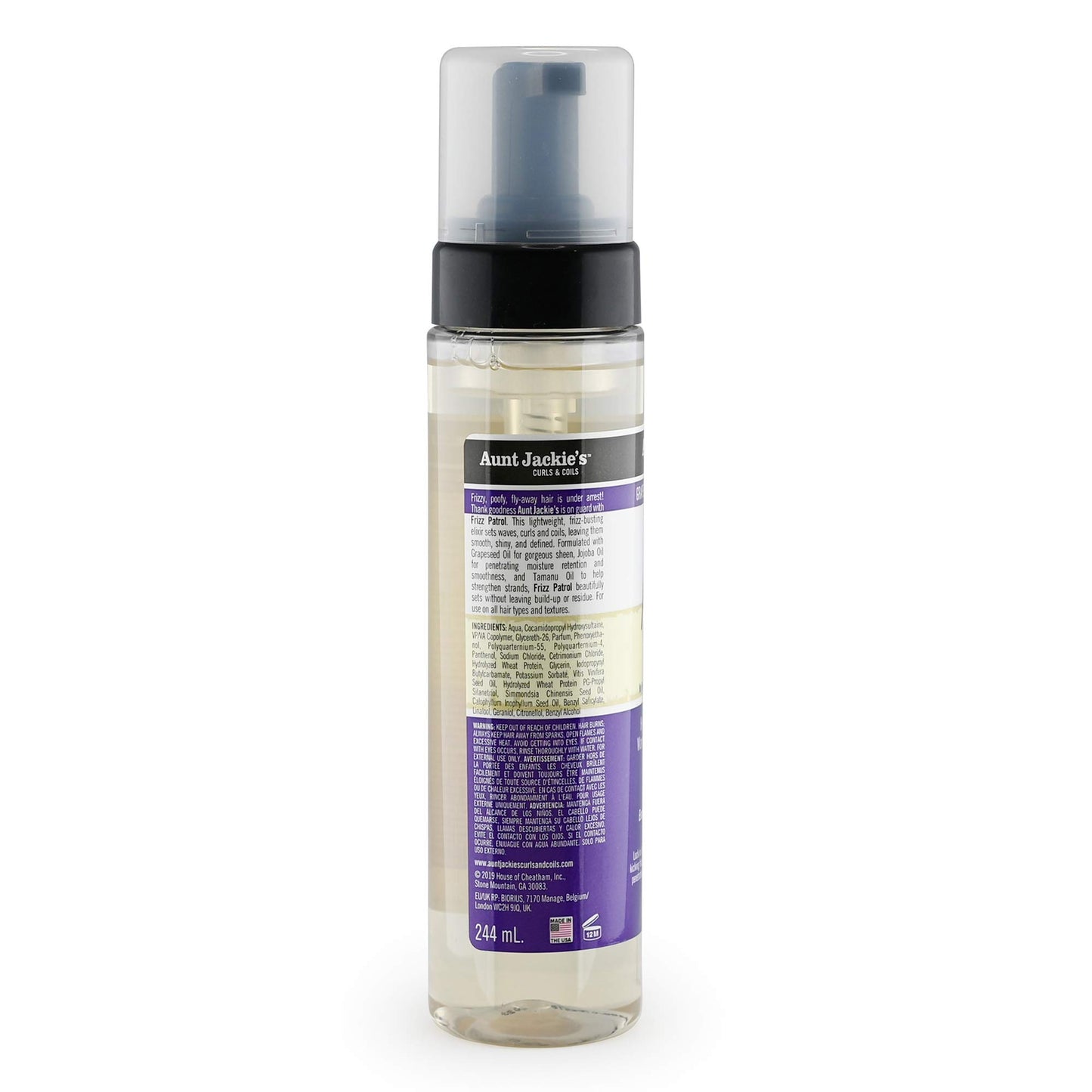 Aunt Jackie's Grapeseed Style and Shine Recipes Frizz Patrol Anti-Poof Setting Hair Mousse, Sets Curly Hair Styles in Place,Purple Fl.Oz 8.5 Ounce