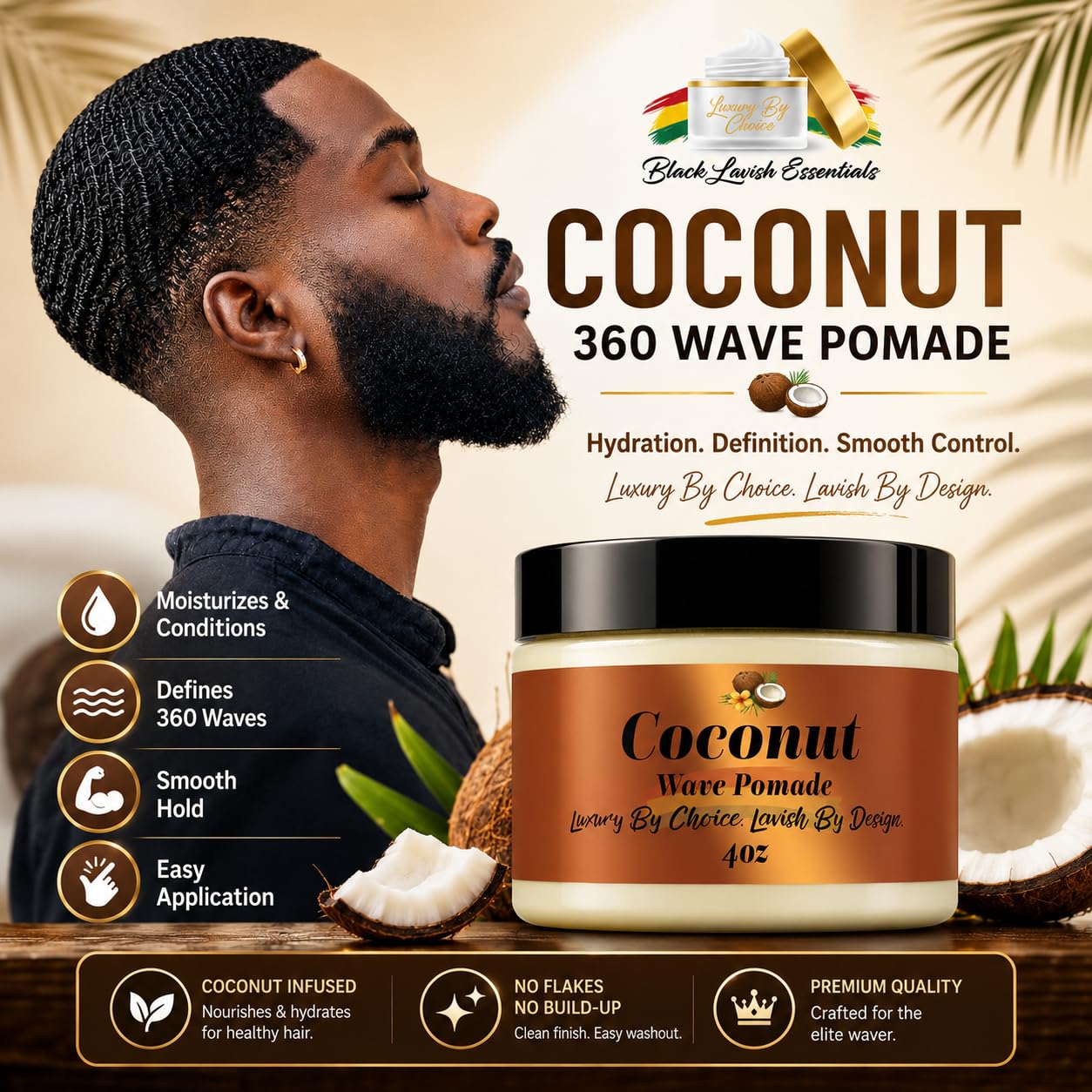 Black Lavish Essentials Ultra-Smooth 360 Wave Pomade, 4oz Coconut Hair Butter, Strong Hold Non-Greasy Hair Styling Cream for Deep Waves, Shea