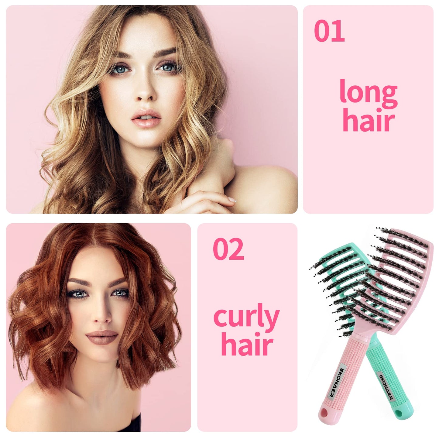 EKONAER 3 Pack Vented Quick Drying Massage Blow Detangler Brush,Boar Bristle Hair Brush Set-Curved,Detangling Hair Brush for Women Long,Thick, Thin