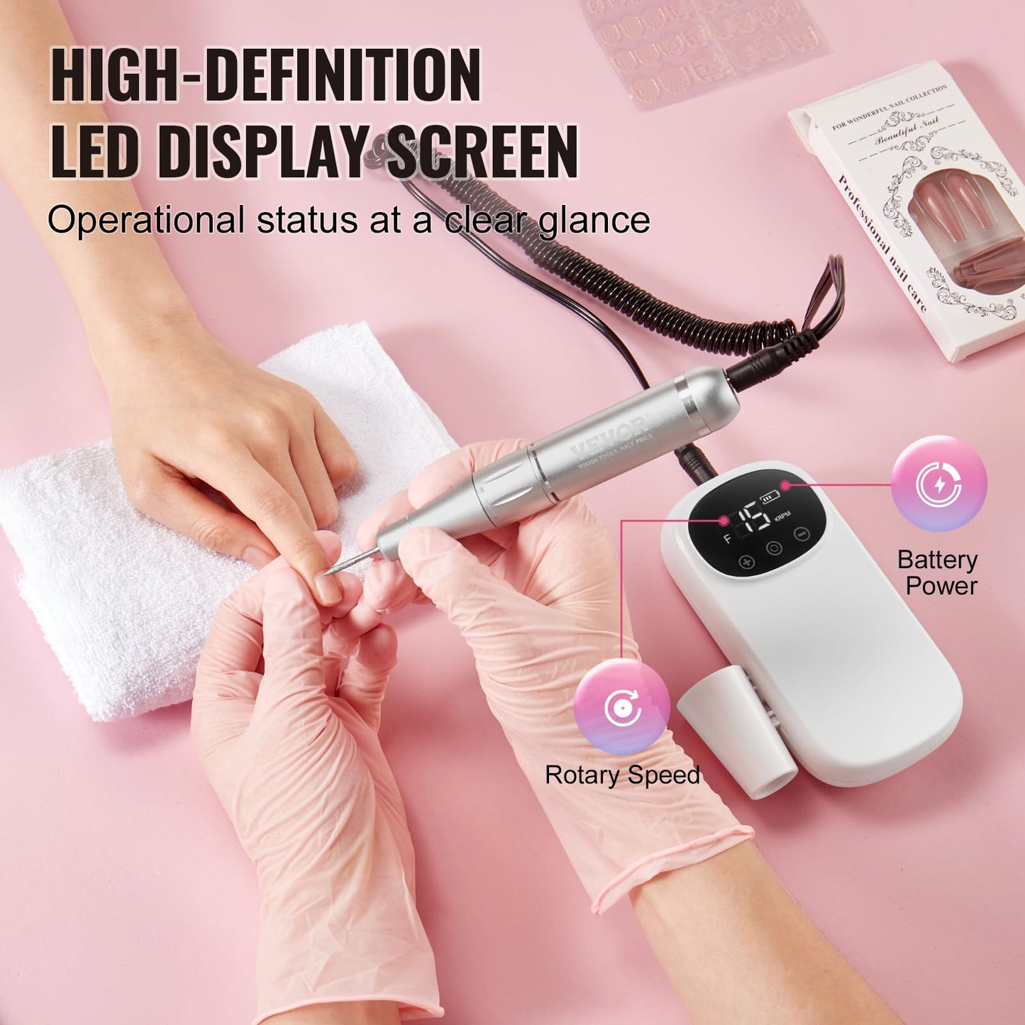 VEVOR Portable Electric Rechargeable Nail Drill, 35,000RPM Cordless Nail E File Machine, LCD-Display Acrylic Gel Grinder Tool for Manicure Pedicure Beauty & Personal Care VEVOR