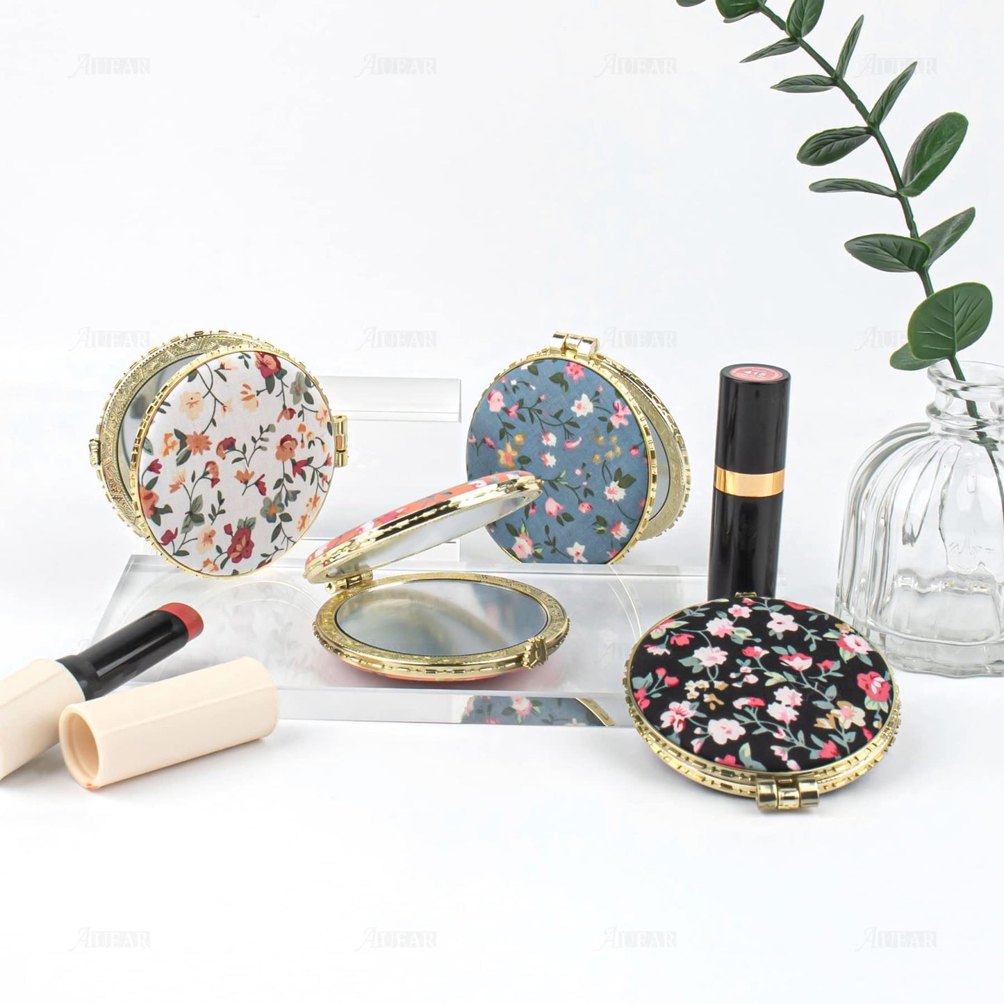 AUEAR, 4 Pack Retro Floral Makeup Compact Small Pocket Purse Mirrors Beauty Handheld Folding Portable Travel for Women Lady