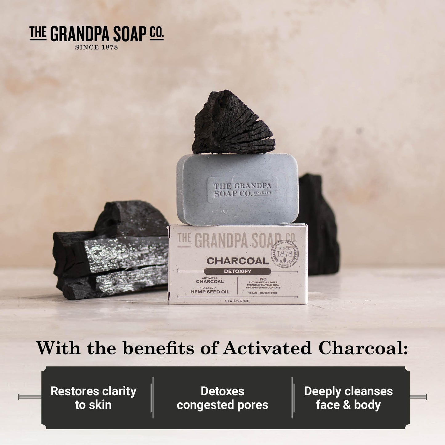 The Grandpa Soap Company Charcoal Bar Soap - With Activated Charcoal Hemp Seed and Mint Oil, Detoxifies, Draws Out Dirt and Toxins, Clear Congested
