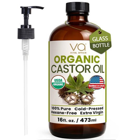VITAL AFFAIR Pure Castor Oil Organic Cold Pressed Unrefined Glass Bottle-USDA Certified for Castor Oil Pack Wrap for Face,Hair