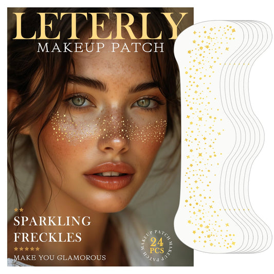Leterly 24 Pcs Glitter Freckles Face Tattoo,Gold Face Glitter Makeup Patches Cute Sparkle Freckles Patches Waterproof Makeup Speckles for Face