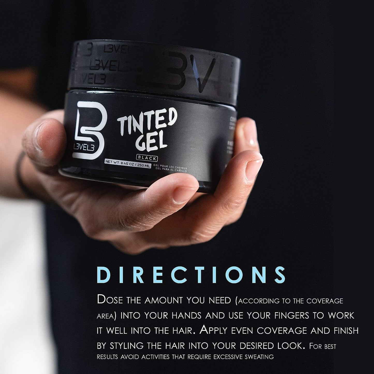 L3 Level 3 Black Tinted Hair Gel - Cover Grays Instantly & Style with Strong Hold - Temporary Color - Adds Volume, Texture & Shine - Flake-Free