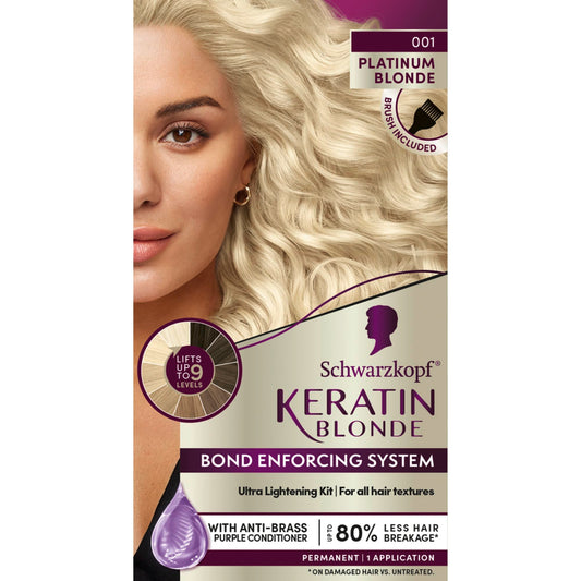 Schwarzkopf Keratin Blonde Hair Dye, 001 High Lift Platinum Blonde, Professional Quality Permanent Hair Color, Bond Enforcing System, Pre-Color Serum