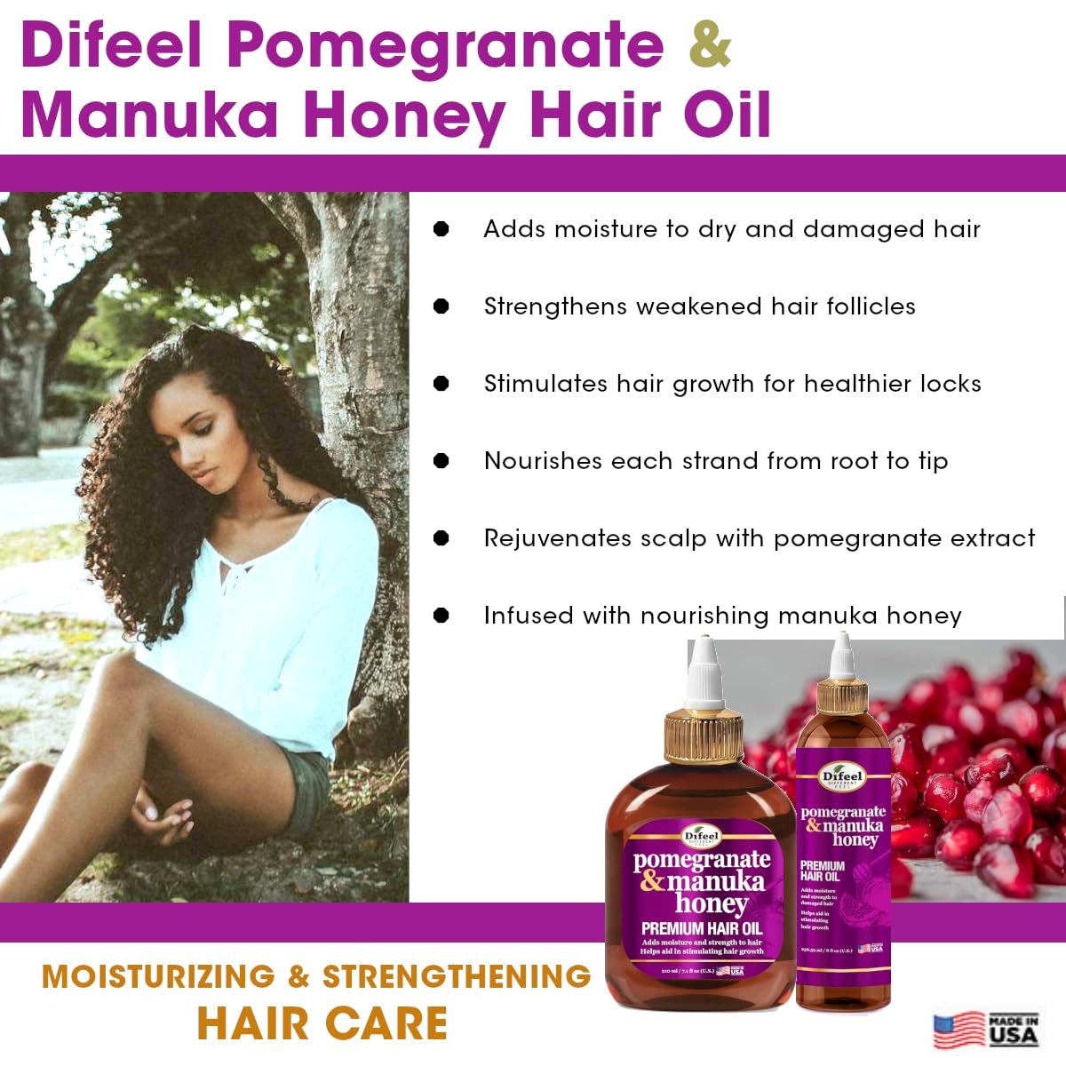 Difeel Elevated Pomegranate & Manuka Honey Premium Hair Oil 12 oz. - Growth Stimulating, Moisturizing & Strengthening Hair Oil for Dry, Damaged Hair