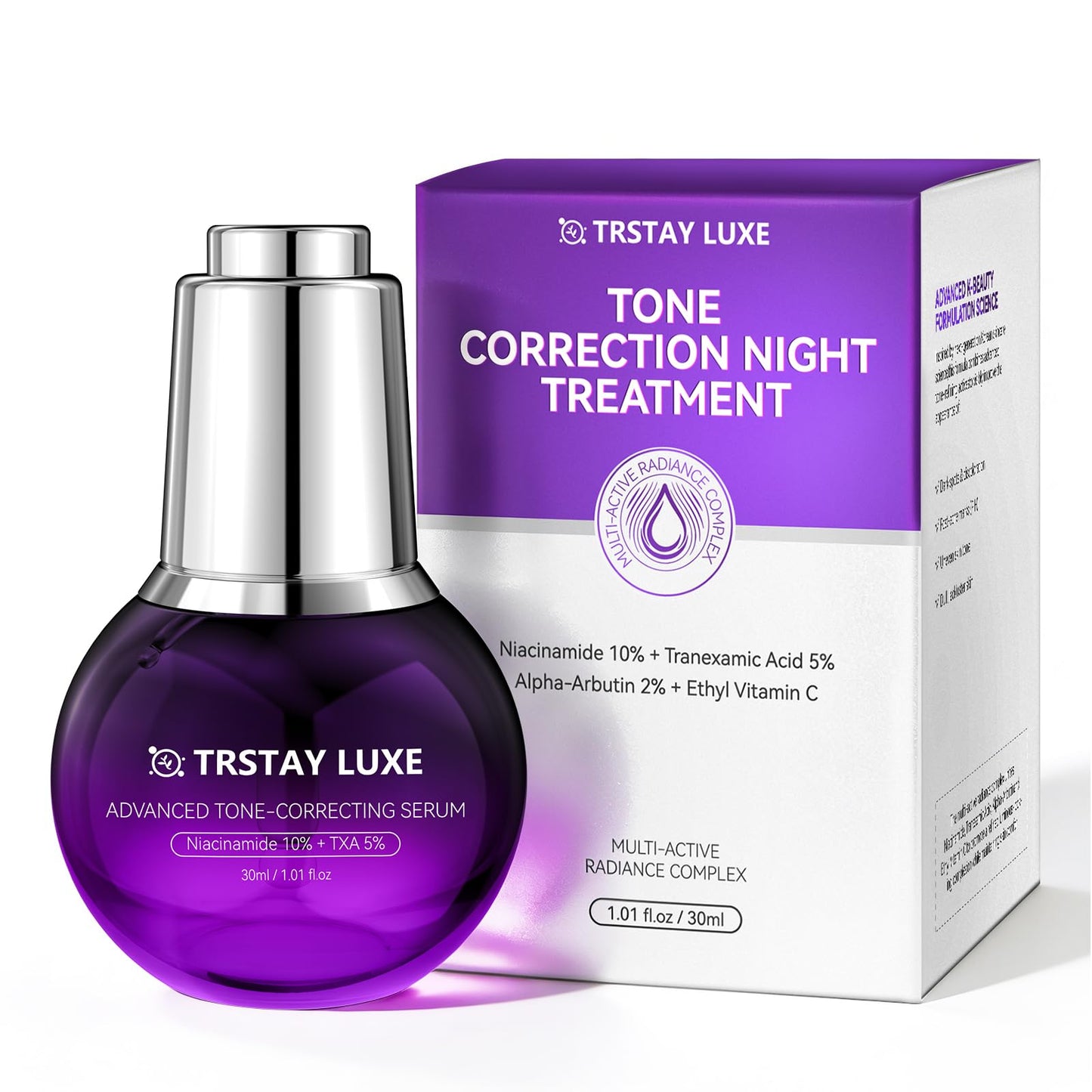 TRSTAY LUXE Night Serum for Uneven Skin Tone, Dark Spots & Post-Blemish Marks, 10% Niacinamide, 5% Tranexamic Acid, 2% Alpha-Arbutin + Ethyl Vitamin