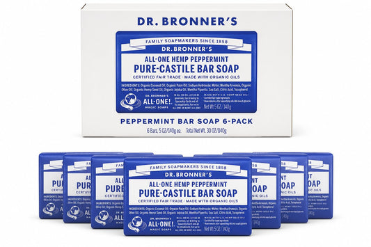 Dr Bronner's Pure Castille Peppermint Bar Soap, 5 Ounce (Pack of 6) Beauty & Personal Care Dr. Bronner's